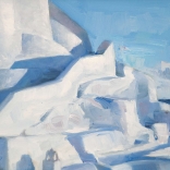 Greek canvas art of multi-tiered pathways levels in between traditional Santorini architecture, painted by famous Greek artist Christofors Asimis