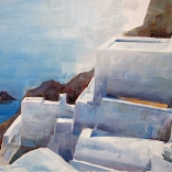 Greek oil painting by famous contemporary greek artist of traditional Santorini architecture standing over the blue waters of the island