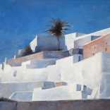 Greek oil painting by famous greek contemporary artist, showing traditional Mediterranean architecture of Santorini, from a lowered point of view